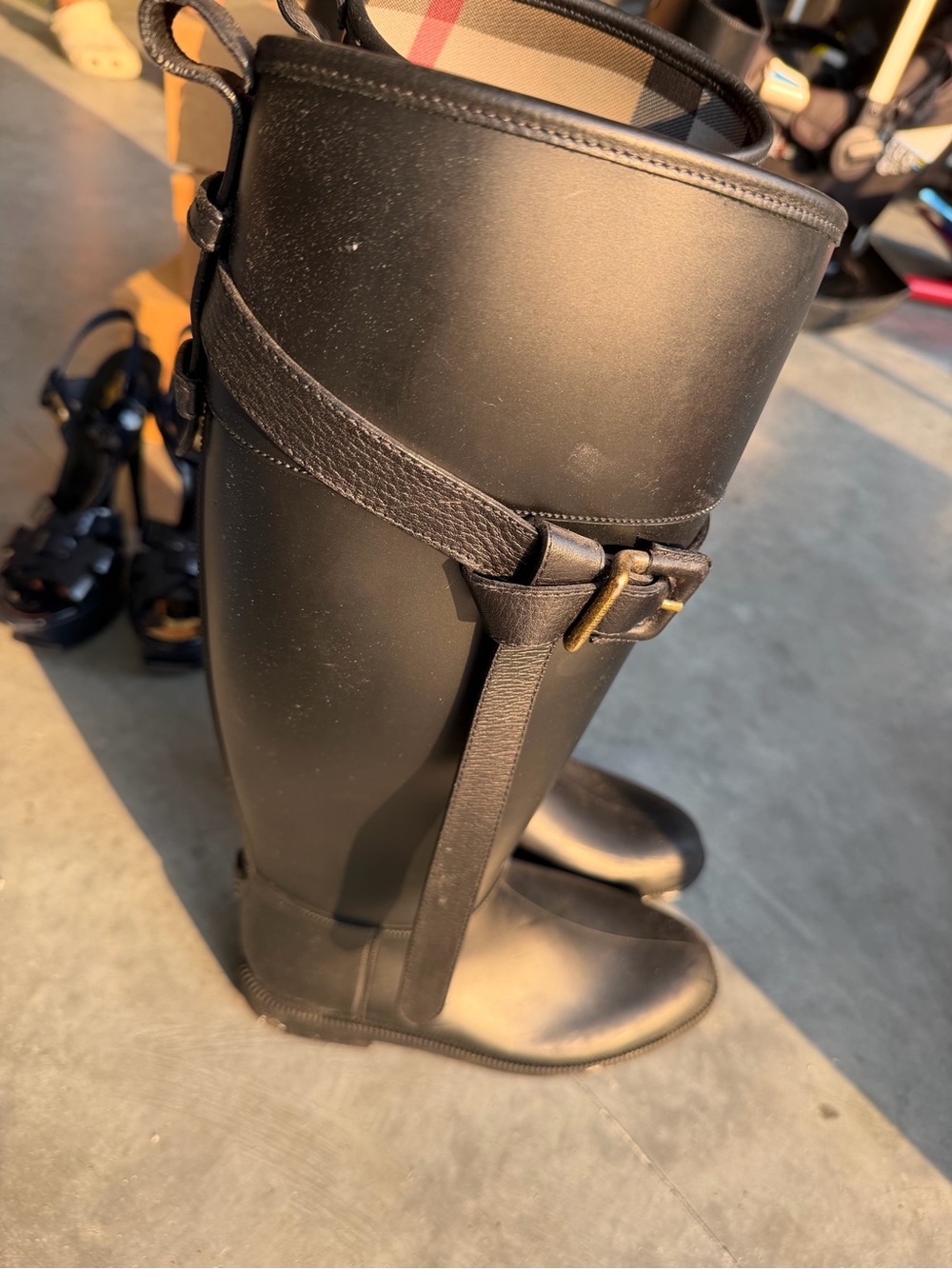 Burberry Black Leather-Trim Rain Boots with Signature Plaid Cuff